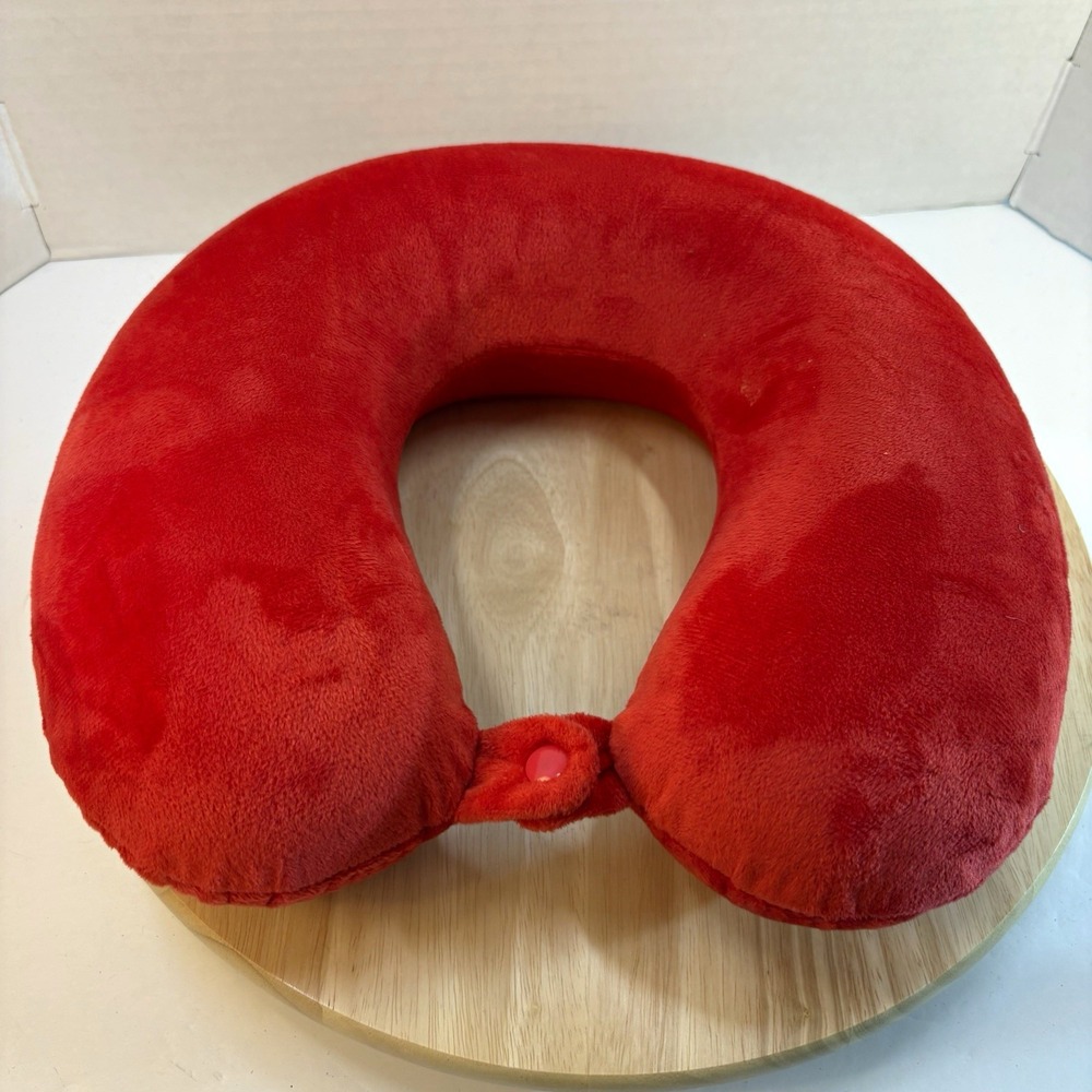 Red Plush U-Shaped Neck Travel Pillow, Memory Foam Padding, Snap Closure